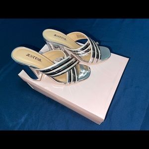NEW & CUTE JUSTFAB SANDALS SILVER HEEL LADIES SHOE